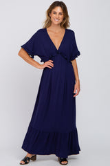 Navy Solid Ruffle Maxi Dress