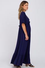 Navy Solid Ruffle Maxi Dress