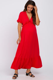 Red Solid Ruffle Maternity Maxi Dress