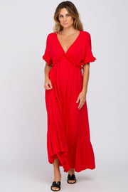 Red Solid Ruffle Maxi Dress