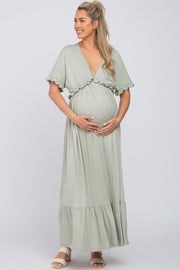 Light Olive Solid Ruffle Maternity Maxi Dress