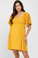 Yellow Smocked Front Crochet Shoulder Cut Out Back Maternity Dress