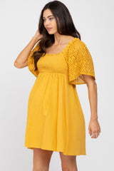 Yellow Smocked Front Crochet Shoulder Cut Out Back Maternity Dress