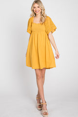 Yellow Smocked Front Crochet Shoulder Cut Out Back Dress