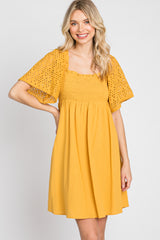 Yellow Smocked Front Crochet Shoulder Cut Out Back Dress