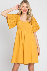 Yellow Smocked Front Crochet Shoulder Cut Out Back Dress