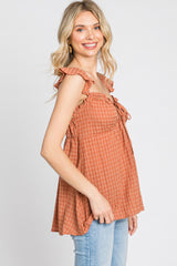 Rust Plaid Pattern Sweetheart Neck Front Tie Top