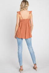 Rust Plaid Pattern Sweetheart Neck Front Tie Top