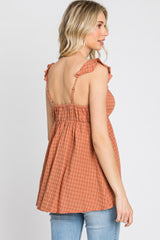 Rust Plaid Pattern Sweetheart Neck Front Tie Top