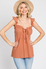 Rust Plaid Pattern Sweetheart Neck Front Tie Top