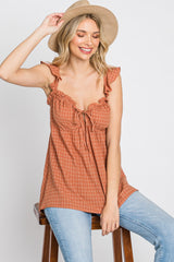 Rust Plaid Pattern Sweetheart Neck Front Tie Top