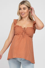 Rust Plaid Pattern Sweetheart Neck Front Tie Maternity Top