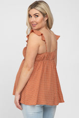 Rust Plaid Pattern Sweetheart Neck Front Tie Maternity Top