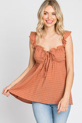 Rust Plaid Pattern Sweetheart Neck Front Tie Top