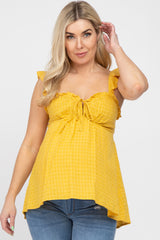 Yellow Plaid Pattern Sweetheart Neck Front Tie Maternity Top