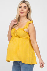 Yellow Plaid Pattern Sweetheart Neck Front Tie Maternity Top