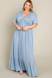 Light Blue Solid Ruffle Plus Maxi Dress