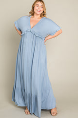 Light Blue Solid Ruffle Plus Maxi Dress