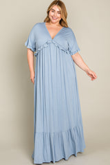 Light Blue Solid Ruffle Plus Maxi Dress