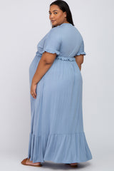 Light Blue Solid Ruffle Maternity Plus Maxi Dress