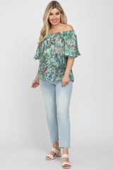 Aqua Floral Smocked Off Shoulder Maternity Top