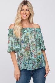 Aqua Floral Smocked Off Shoulder Top