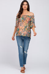 Coral Floral Smocked Off Shoulder Maternity Top