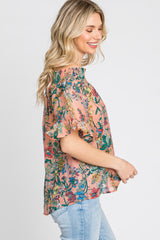 Coral Floral Smocked Off Shoulder Top