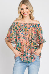 Coral Floral Smocked Off Shoulder Top