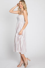 Red Striped Smocked Square Neck Midi Dress