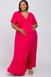 Fuchsia Solid Ruffle Maternity Plus Maxi Dress