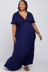 Navy Solid Ruffle Maternity Plus Maxi Dress