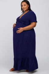 Navy Solid Ruffle Maternity Plus Maxi Dress