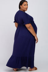 Navy Solid Ruffle Maternity Plus Maxi Dress