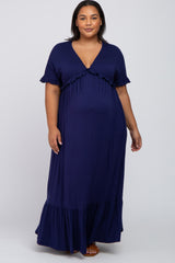 Navy Solid Ruffle Maternity Plus Maxi Dress