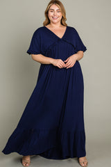 Navy Solid Ruffle Maternity Plus Maxi Dress