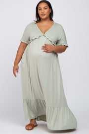 Light Olive Solid Ruffle Maternity Plus Maxi Dress