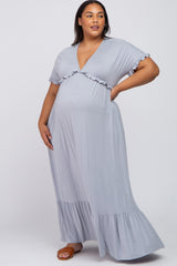 Light Grey Solid Ruffle Maternity Plus Maxi Dress