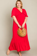 Red Solid Ruffle Plus Maxi Dress