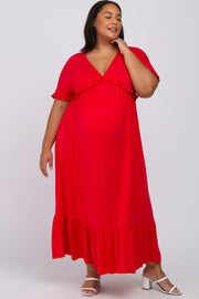 Red Solid Ruffle Maternity Plus Maxi Dress