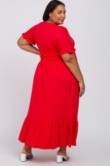 Red Solid Ruffle Maternity Plus Maxi Dress