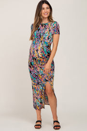 Black Multi-Color Floral Side Slit Maternity Maxi Dress