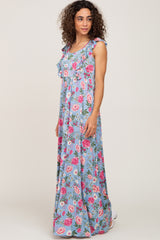 Light Blue Floral Flounce Maxi Dress