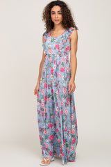 Light Blue Floral Flounce Maxi Dress