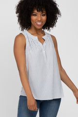 Blue Striped Button Front Sleeveless Blouse