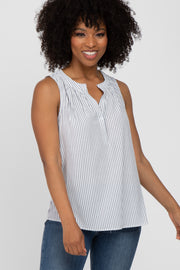 Blue Striped Button Front Sleeveless Blouse