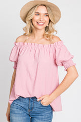 Pink Swiss Dot Off Shoulder Top