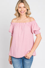 Pink Swiss Dot Off Shoulder Top