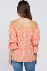 Orange Floral Off Shoulder Ruffle Maternity Top