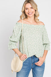 Mint Floral Off Shoulder Ruffle Top